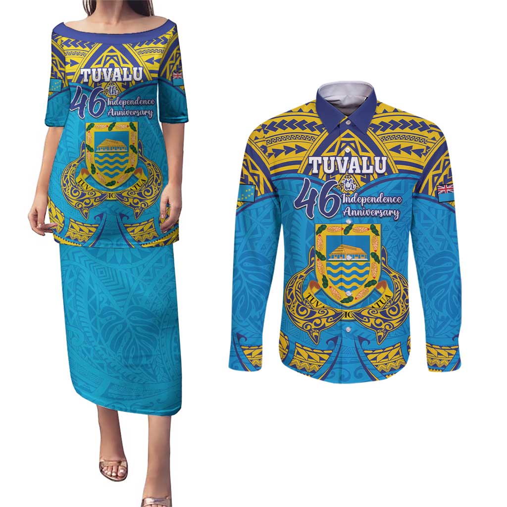 Personalised Tuvalu Independence Day Couples Matching Puletasi and Long Sleeve Button Shirt Coat Of Arms With Polynesian Dolphin Tattoo LT05 Blue - Polynesian Pride