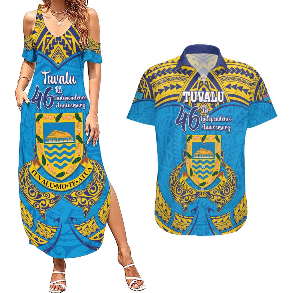 Personalised Tuvalu Independence Day Couples Matching Summer Maxi Dress and Hawaiian Shirt Coat Of Arms With Polynesian Dolphin Tattoo LT05 Blue - Polynesian Pride