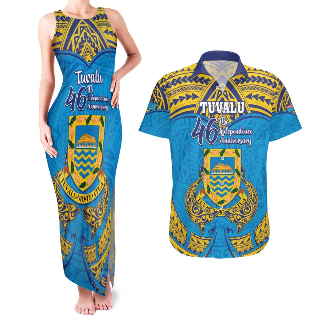 Personalised Tuvalu Independence Day Couples Matching Tank Maxi Dress and Hawaiian Shirt Coat Of Arms With Polynesian Dolphin Tattoo