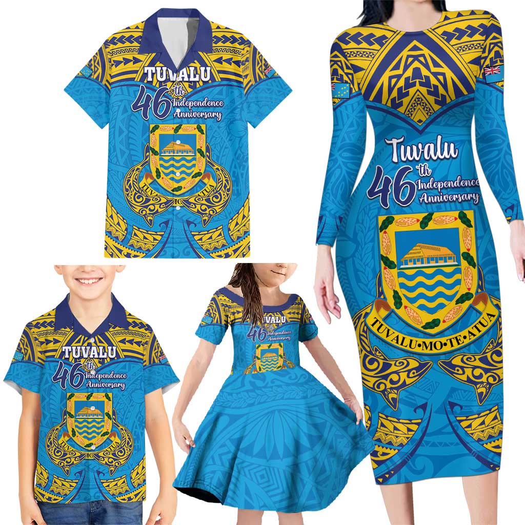 Personalised Tuvalu Independence Day Family Matching Long Sleeve Bodycon Dress and Hawaiian Shirt Coat Of Arms With Polynesian Dolphin Tattoo