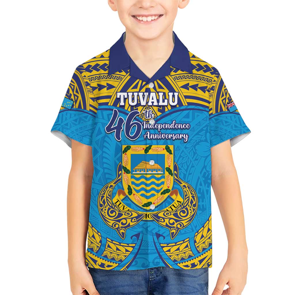 Personalised Tuvalu Independence Day Family Matching Long Sleeve Bodycon Dress and Hawaiian Shirt Coat Of Arms With Polynesian Dolphin Tattoo