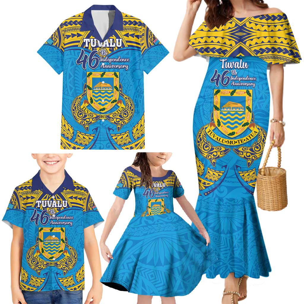 Personalised Tuvalu Independence Day Family Matching Mermaid Dress and Hawaiian Shirt Coat Of Arms With Polynesian Dolphin Tattoo