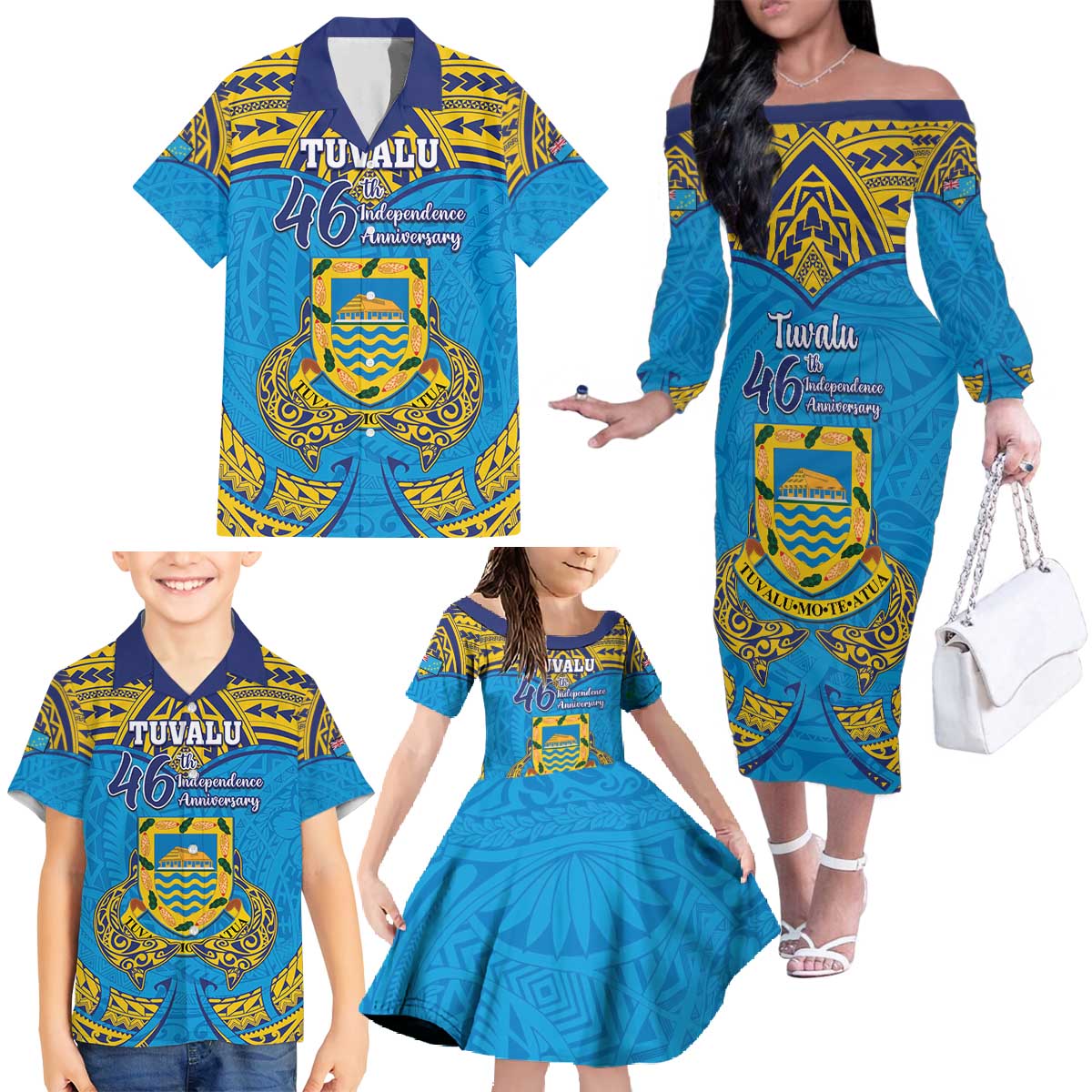 Personalised Tuvalu Independence Day Family Matching Off The Shoulder Long Sleeve Dress and Hawaiian Shirt Coat Of Arms With Polynesian Dolphin Tattoo