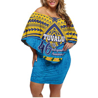 Personalised Tuvalu Independence Day Family Matching Off Shoulder Short Dress and Hawaiian Shirt Coat Of Arms With Polynesian Dolphin Tattoo