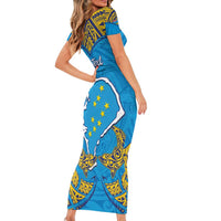 Personalised Tuvalu Independence Day Family Matching Short Sleeve Bodycon Dress and Hawaiian Shirt Coat Of Arms With Polynesian Dolphin Tattoo