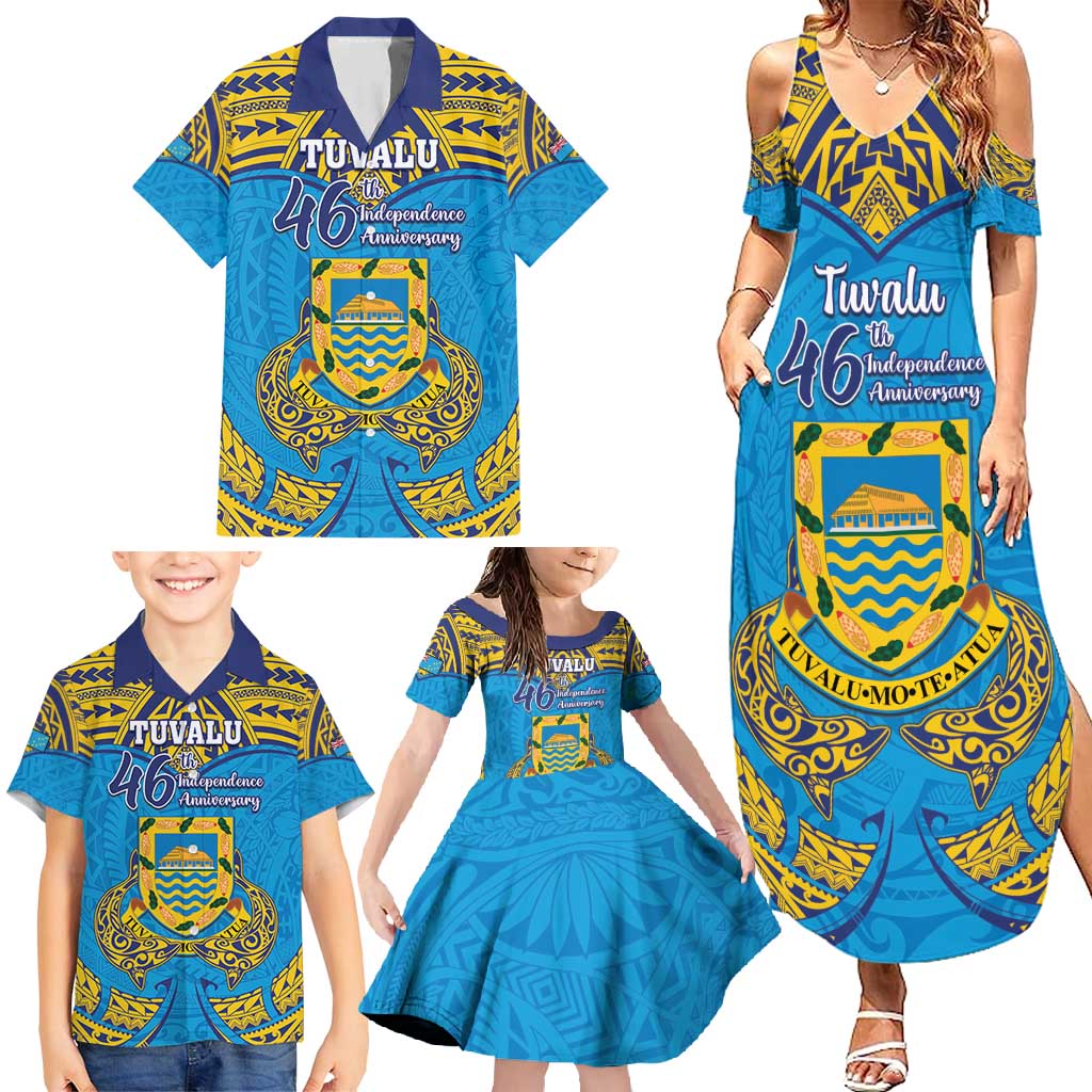 Personalised Tuvalu Independence Day Family Matching Summer Maxi Dress and Hawaiian Shirt Coat Of Arms With Polynesian Dolphin Tattoo