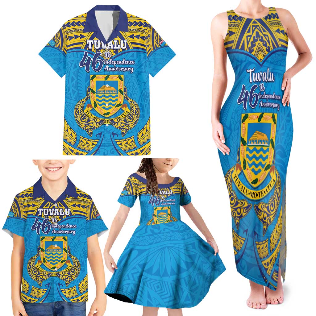 Personalised Tuvalu Independence Day Family Matching Tank Maxi Dress and Hawaiian Shirt Coat Of Arms With Polynesian Dolphin Tattoo