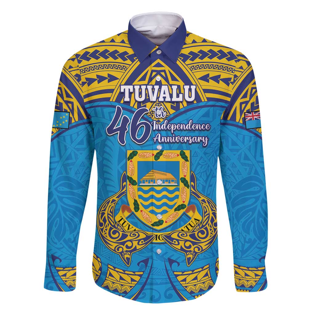 Personalised Tuvalu Independence Day Family Matching Tank Maxi Dress and Hawaiian Shirt Coat Of Arms With Polynesian Dolphin Tattoo