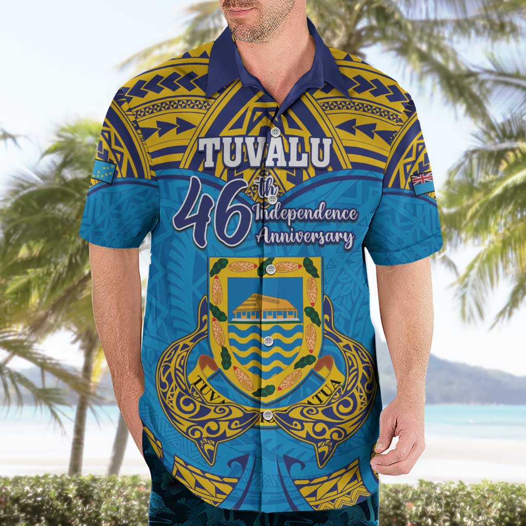 Personalised Tuvalu Independence Day Hawaiian Shirt Coat Of Arms With Polynesian Dolphin Tattoo LT05 - Polynesian Pride