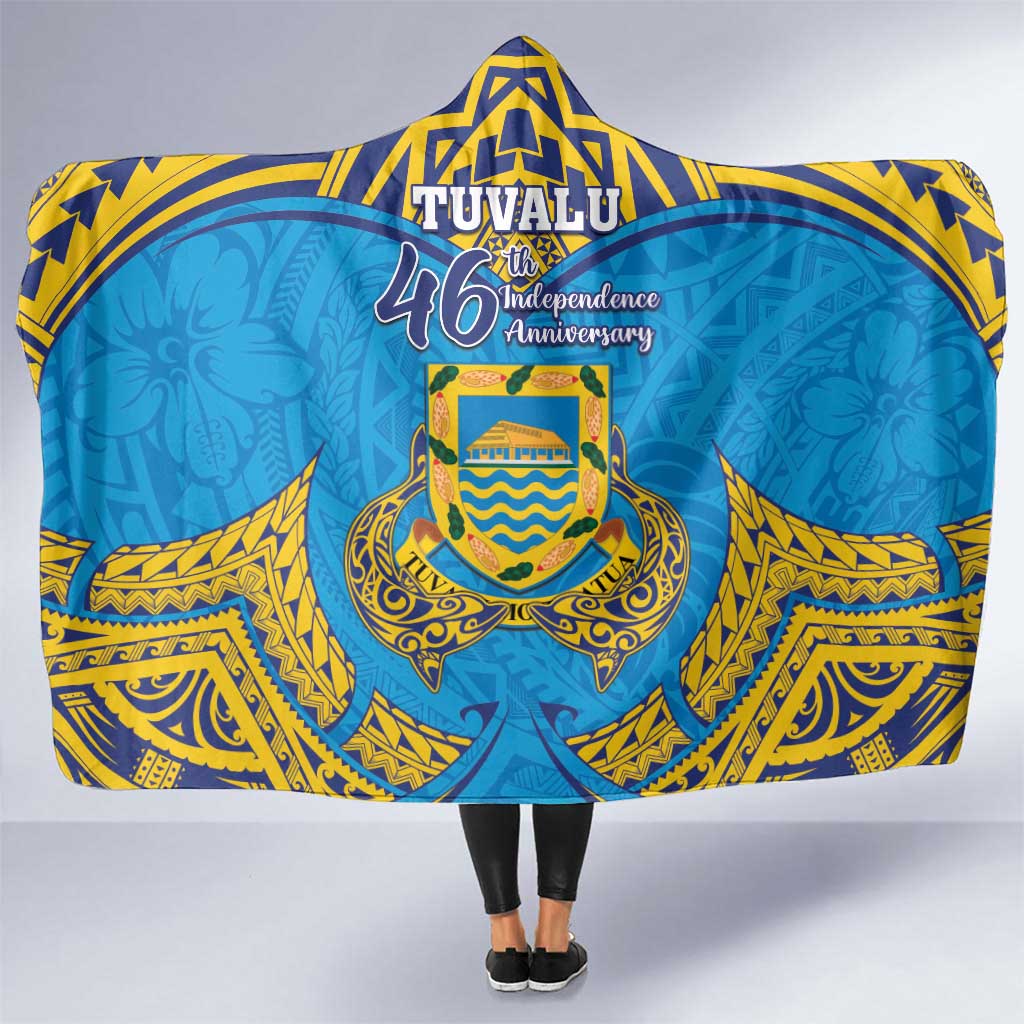 Tuvalu Independence Day Hooded Blanket Coat Of Arms With Polynesian Dolphin Tattoo LT05 One Size Blue - Polynesian Pride