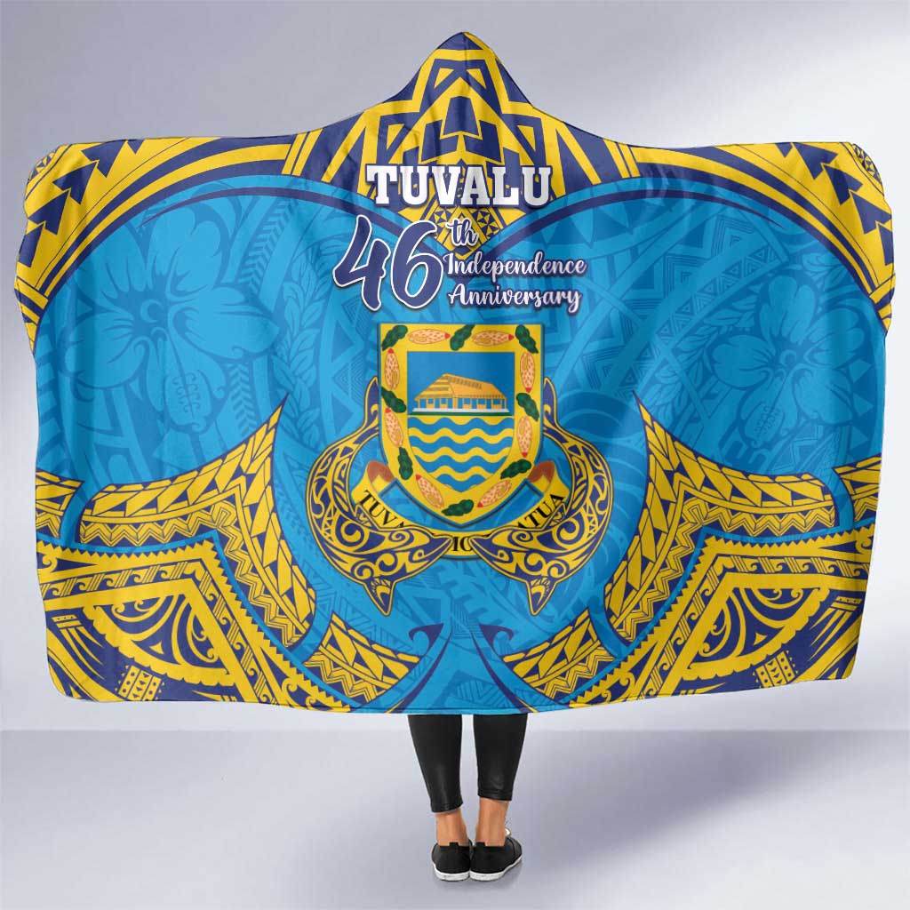 Tuvalu Independence Day Hooded Blanket Coat Of Arms With Polynesian Dolphin Tattoo