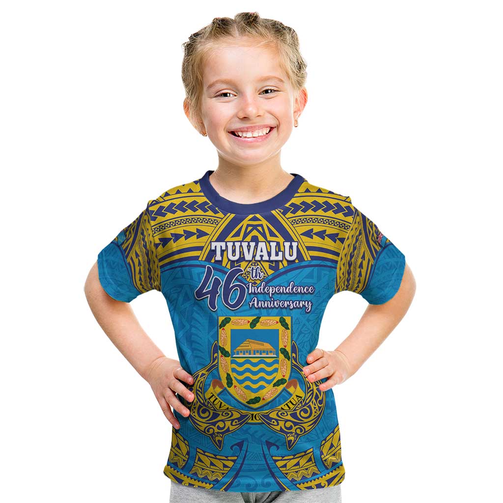 Personalised Tuvalu Independence Day Kid T Shirt Coat Of Arms With Polynesian Dolphin Tattoo