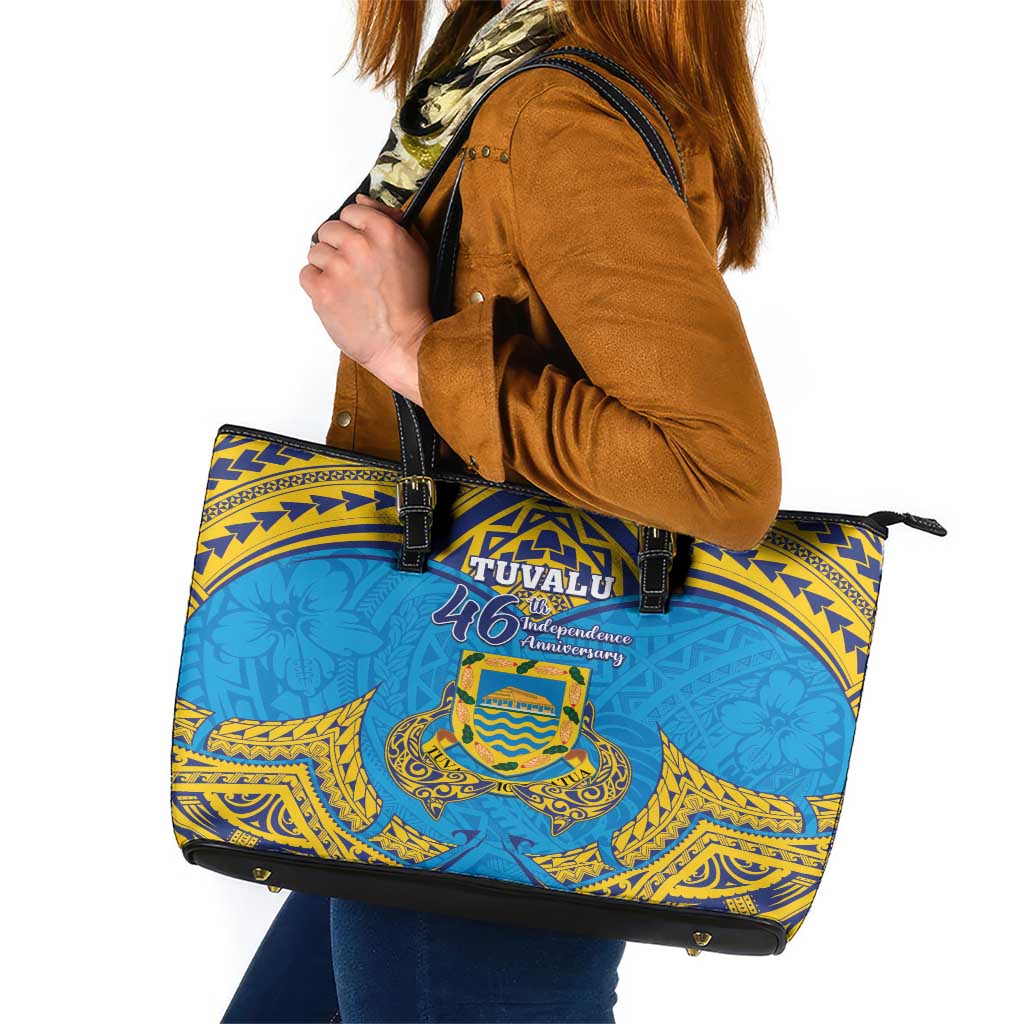 Tuvalu Independence Day Leather Tote Bag Coat Of Arms With Polynesian Dolphin Tattoo LT05 Blue - Polynesian Pride