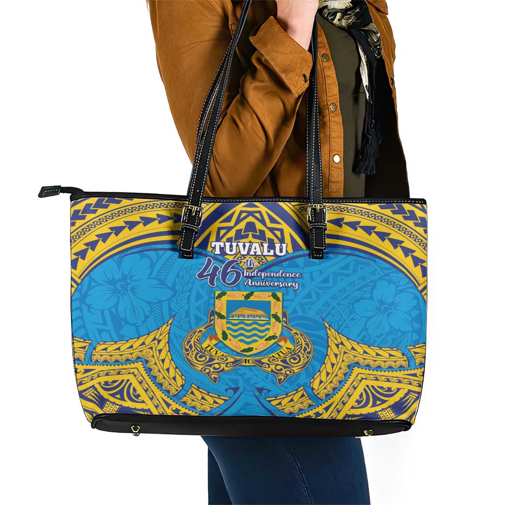 Tuvalu Independence Day Leather Tote Bag Coat Of Arms With Polynesian Dolphin Tattoo LT05 - Polynesian Pride