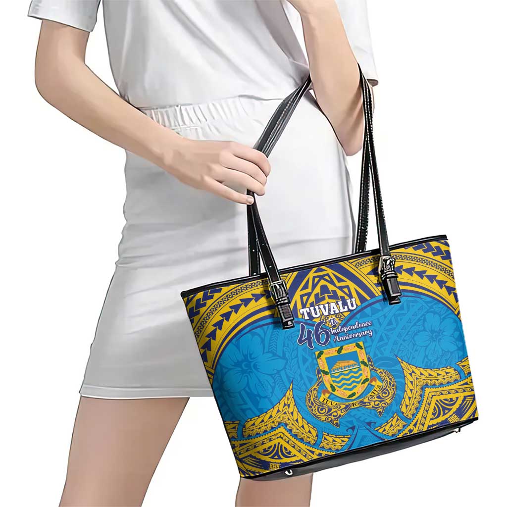 Tuvalu Independence Day Leather Tote Bag Coat Of Arms With Polynesian Dolphin Tattoo LT05 - Polynesian Pride