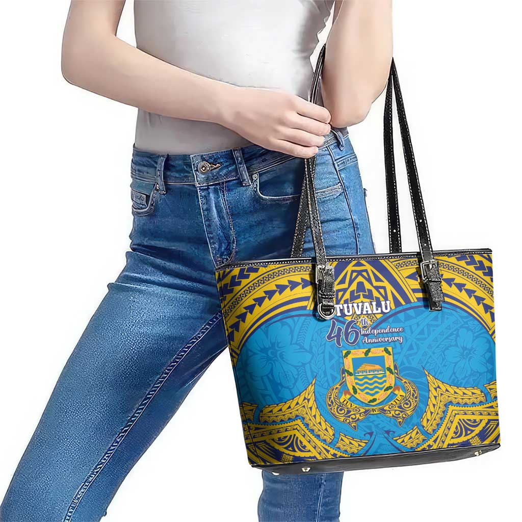Tuvalu Independence Day Leather Tote Bag Coat Of Arms With Polynesian Dolphin Tattoo LT05 - Polynesian Pride
