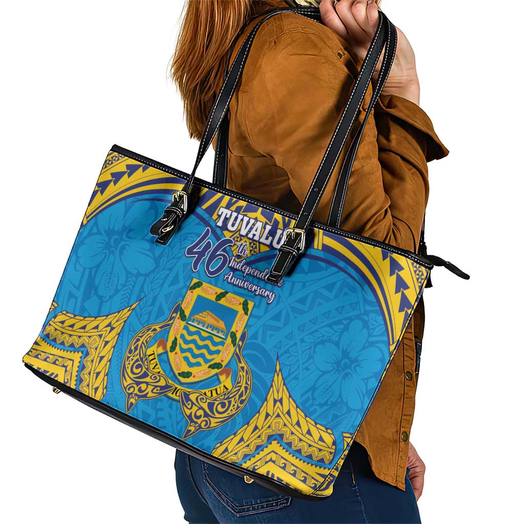 Tuvalu Independence Day Leather Tote Bag Coat Of Arms With Polynesian Dolphin Tattoo LT05 - Polynesian Pride
