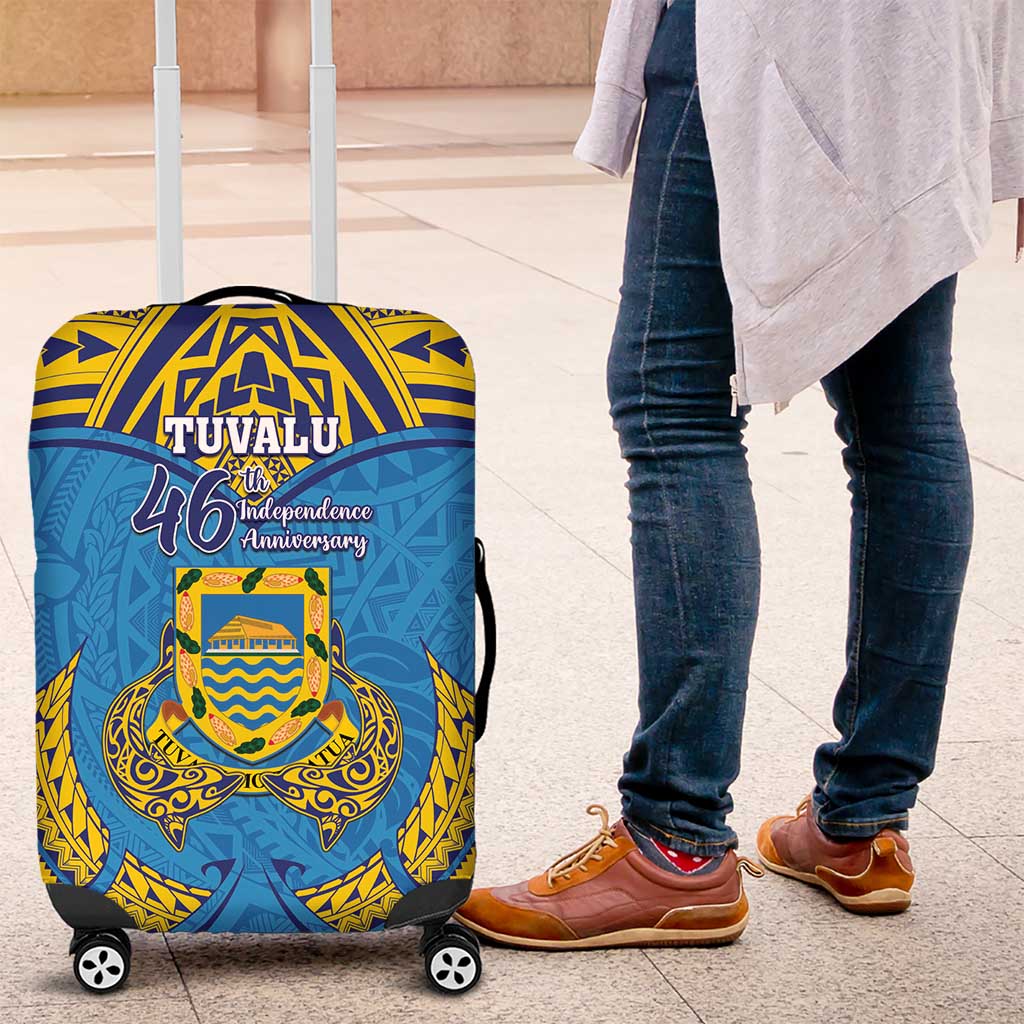 Tuvalu Independence Day Luggage Cover Coat Of Arms With Polynesian Dolphin Tattoo LT05 Blue - Polynesian Pride
