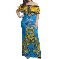 Personalised Tuvalu Independence Day Off Shoulder Maxi Dress Coat Of Arms With Polynesian Dolphin Tattoo LT05 Women Blue - Polynesian Pride