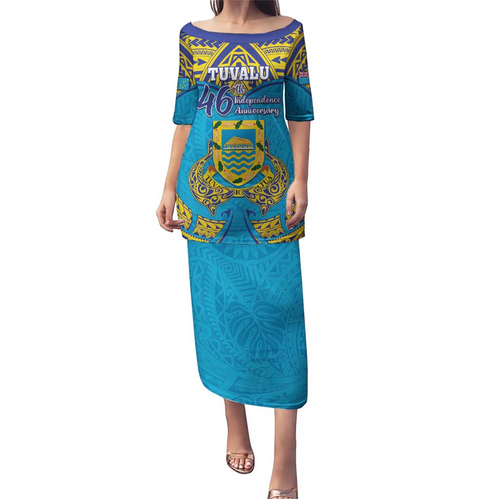 Personalised Tuvalu Independence Day Puletasi Coat Of Arms With Polynesian Dolphin Tattoo LT05 Long Dress Blue - Polynesian Pride