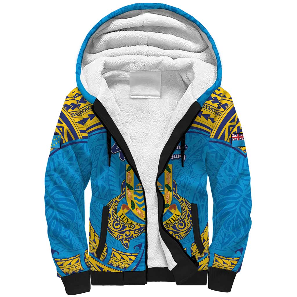 Personalised Tuvalu Independence Day Sherpa Hoodie Coat Of Arms With Polynesian Dolphin Tattoo LT05 Unisex Blue - Polynesian Pride