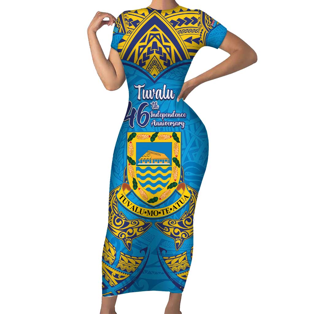 Personalised Tuvalu Independence Day Short Sleeve Bodycon Dress Coat Of Arms With Polynesian Dolphin Tattoo