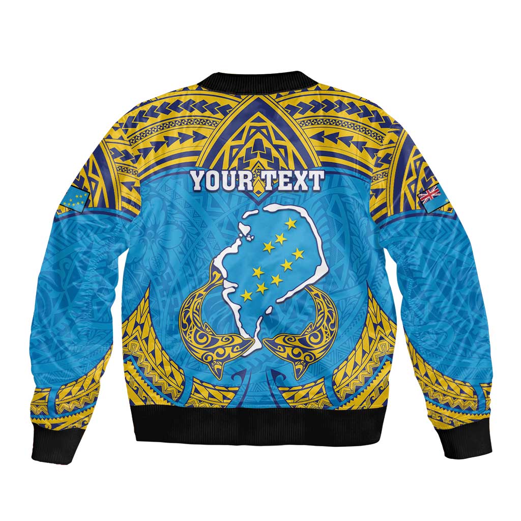 Personalised Tuvalu Independence Day Sleeve Zip Bomber Jacket Coat Of Arms With Polynesian Dolphin Tattoo