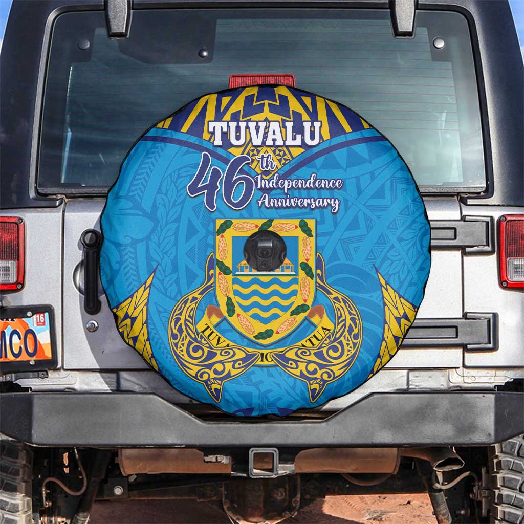 Tuvalu Independence Day Spare Tire Cover Coat Of Arms With Polynesian Dolphin Tattoo LT05 Blue - Polynesian Pride
