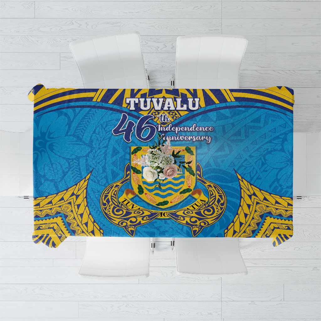 Tuvalu Independence Day Tablecloth Coat Of Arms With Polynesian Dolphin Tattoo LT05 Blue - Polynesian Pride