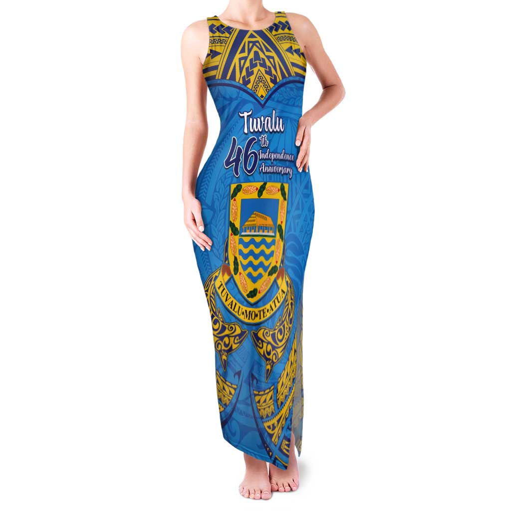 Personalised Tuvalu Independence Day Tank Maxi Dress Coat Of Arms With Polynesian Dolphin Tattoo LT05 Women Blue - Polynesian Pride