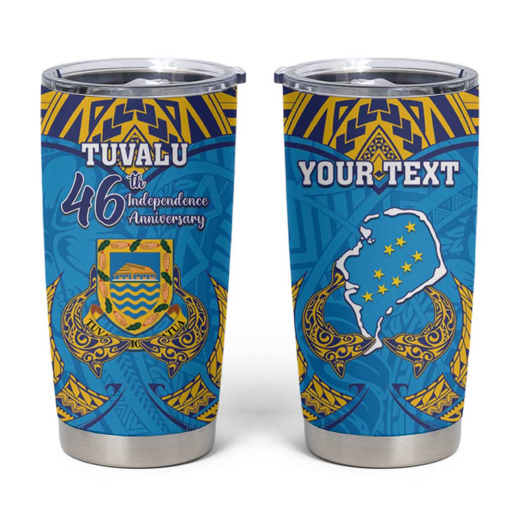 Personalised Tuvalu Independence Day Tumbler Cup Coat Of Arms With Polynesian Dolphin Tattoo LT05 Blue - Polynesian Pride
