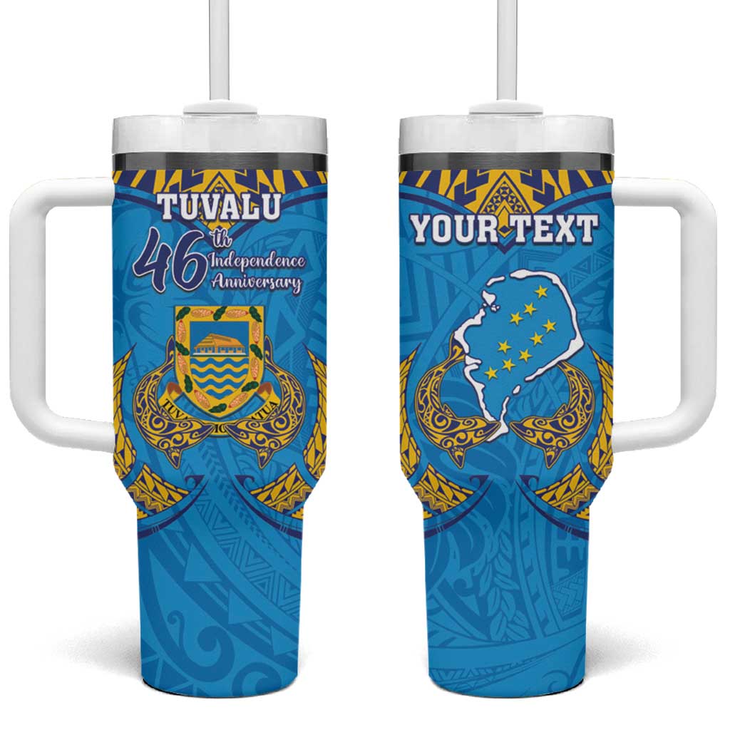 Personalised Tuvalu Independence Day Tumbler With Handle Coat Of Arms With Polynesian Dolphin Tattoo LT05 One Size: 40 oz Blue - Polynesian Pride
