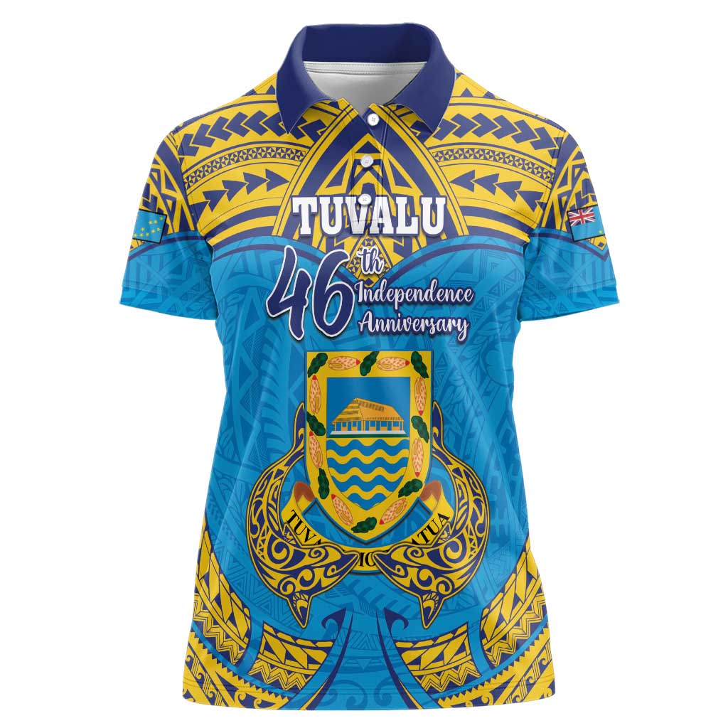 Personalised Tuvalu Independence Day Women Polo Shirt Coat Of Arms With Polynesian Dolphin Tattoo