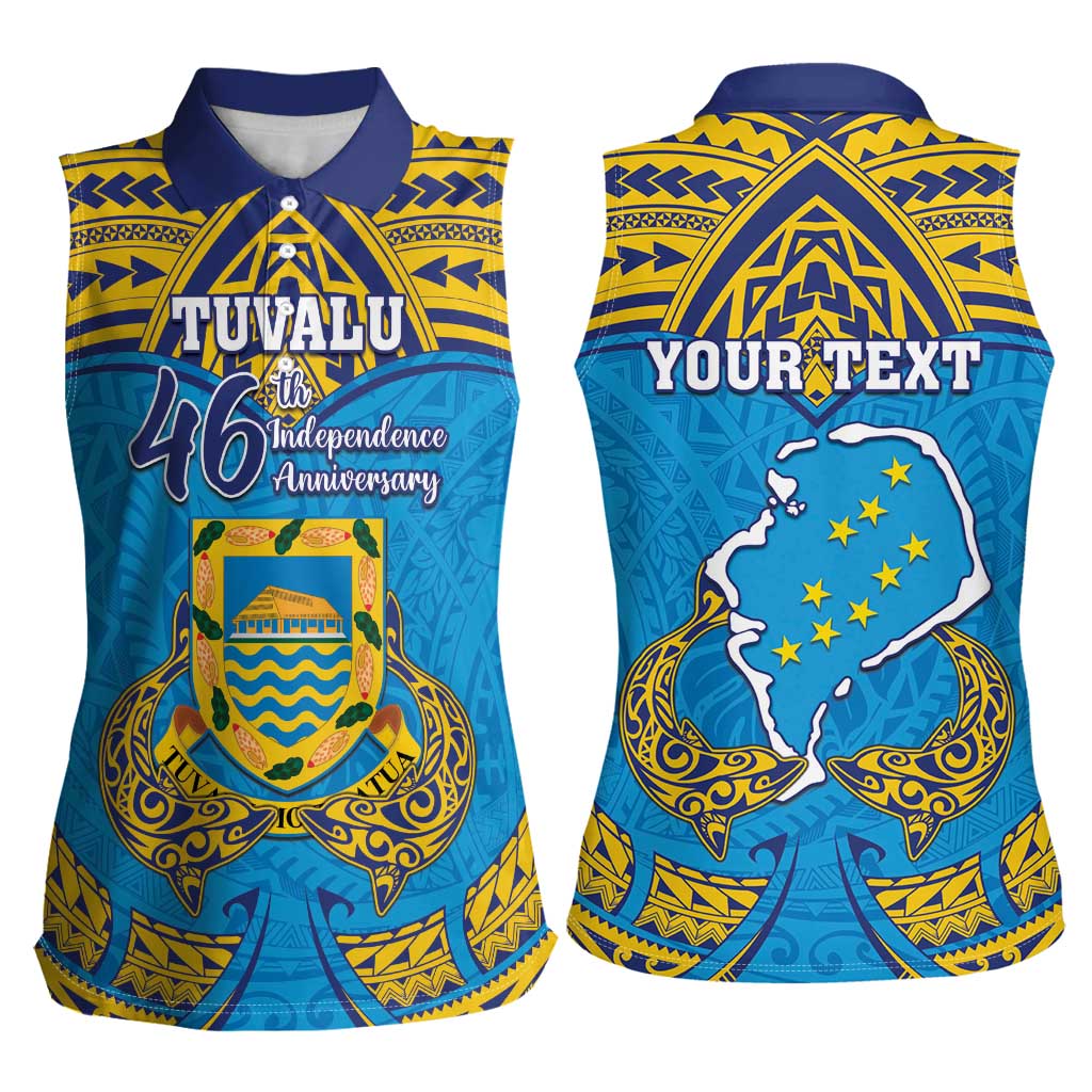 Personalised Tuvalu Independence Day Women Sleeveless Polo Shirt Coat Of Arms With Polynesian Dolphin Tattoo