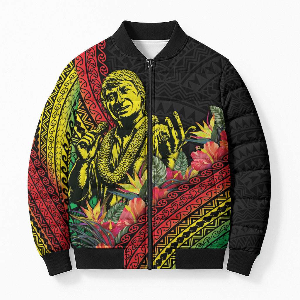 Retro Hawaiian Singer Bomber Puffer Jacket Polynesian Style Tropical Flowers LT05 Unisex Black - Polynesian Pride