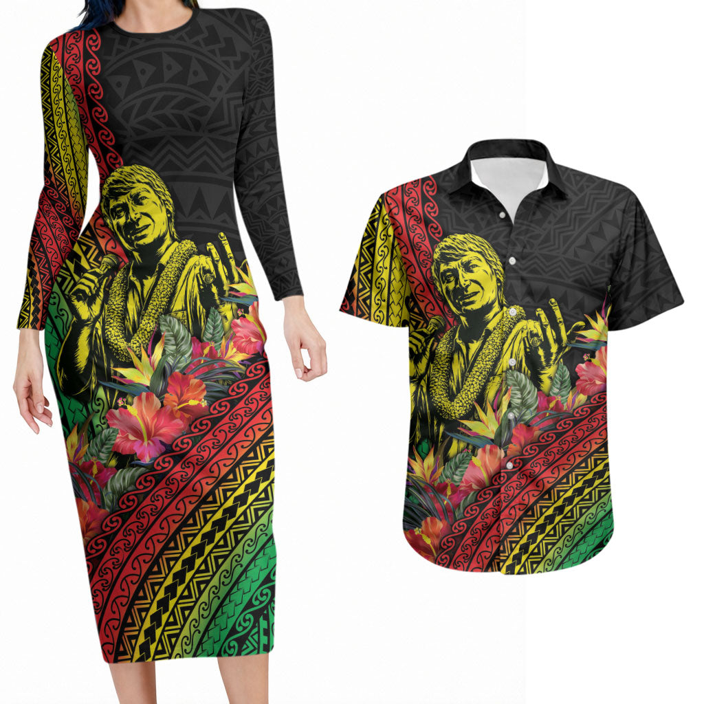 Retro Hawaiian Singer Couples Matching Long Sleeve Bodycon Dress and Hawaiian Shirt Polynesian Style Tropical Flowers LT05 Black - Polynesian Pride