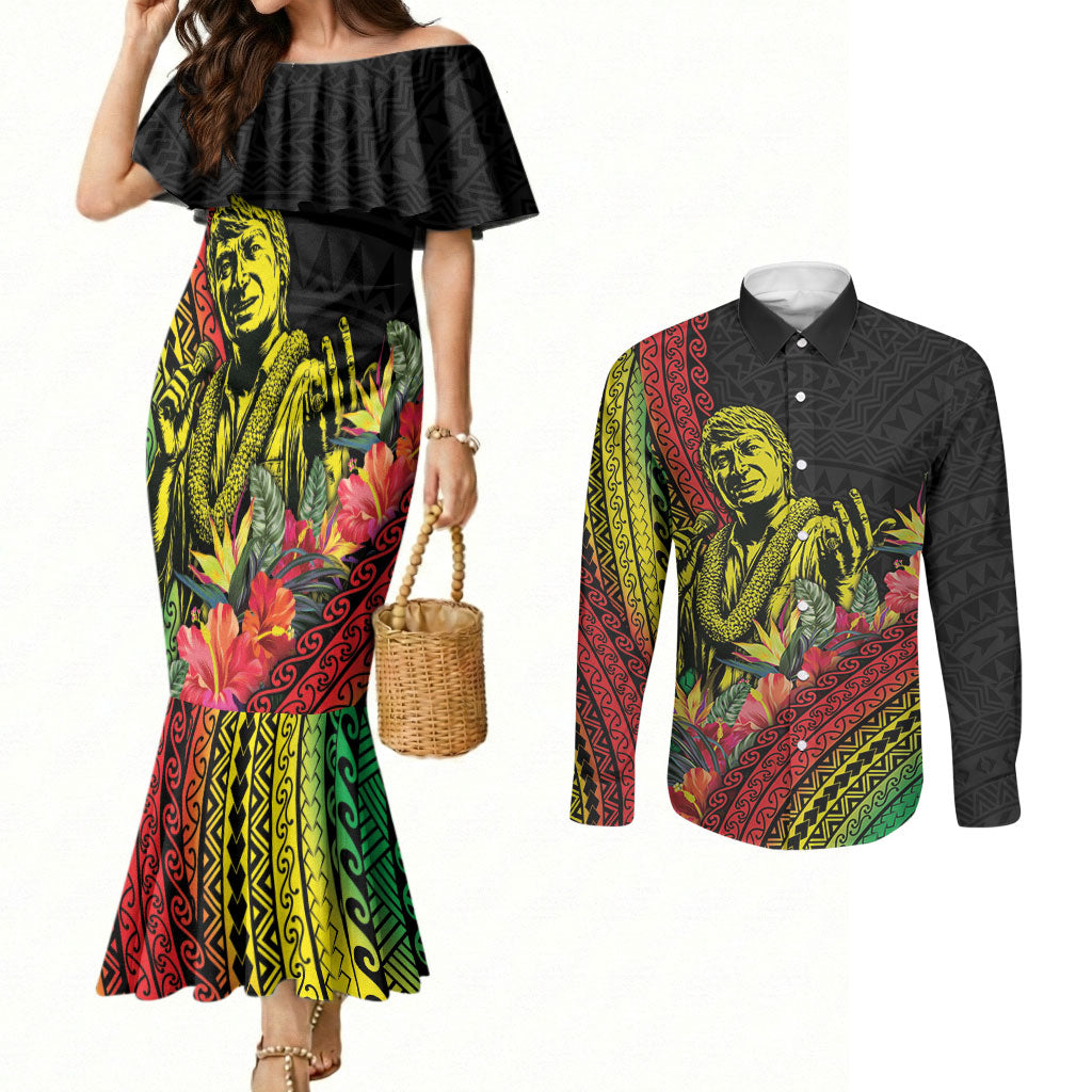 Retro Hawaiian Singer Couples Matching Mermaid Dress and Long Sleeve Button Shirt Polynesian Style Tropical Flowers LT05 Black - Polynesian Pride