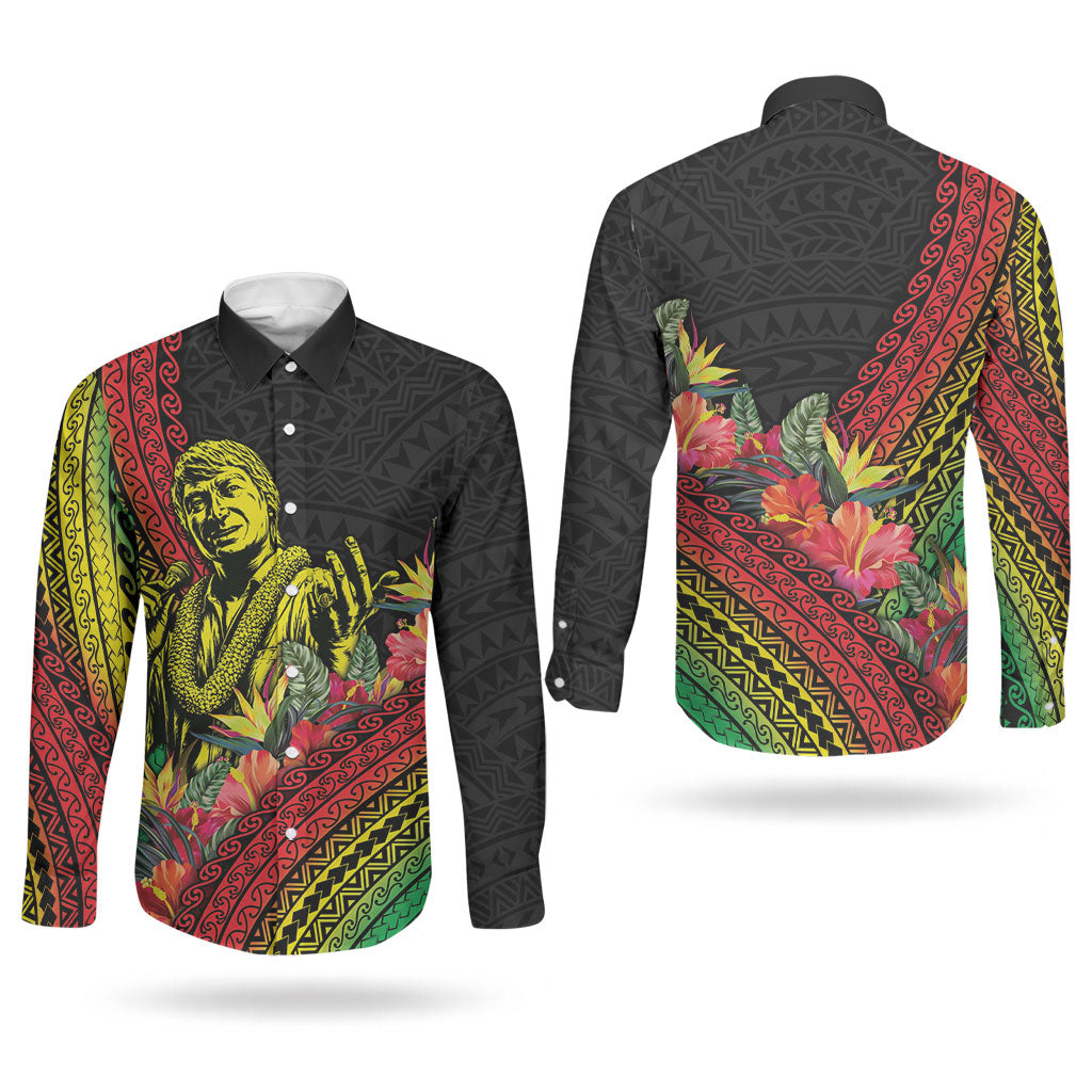 Retro Hawaiian Singer Couples Matching Mermaid Dress and Long Sleeve Button Shirt Polynesian Style Tropical Flowers LT05 - Polynesian Pride