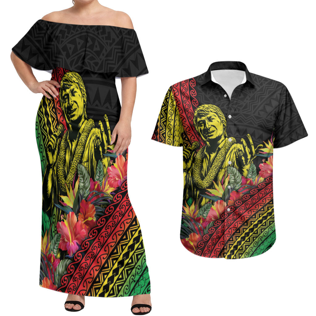 Retro Hawaiian Singer Couples Matching Off Shoulder Maxi Dress and Hawaiian Shirt Polynesian Style Tropical Flowers LT05 Black - Polynesian Pride