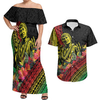 Retro Hawaiian Singer Couples Matching Off Shoulder Maxi Dress and Hawaiian Shirt Polynesian Style Tropical Flowers LT05 Black - Polynesian Pride