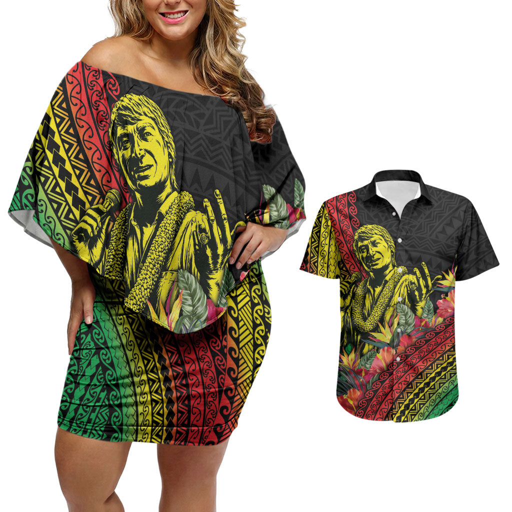Retro Hawaiian Singer Couples Matching Off Shoulder Short Dress and Hawaiian Shirt Polynesian Style Tropical Flowers LT05 Black - Polynesian Pride