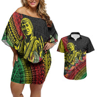 Retro Hawaiian Singer Couples Matching Off Shoulder Short Dress and Hawaiian Shirt Polynesian Style Tropical Flowers LT05 Black - Polynesian Pride