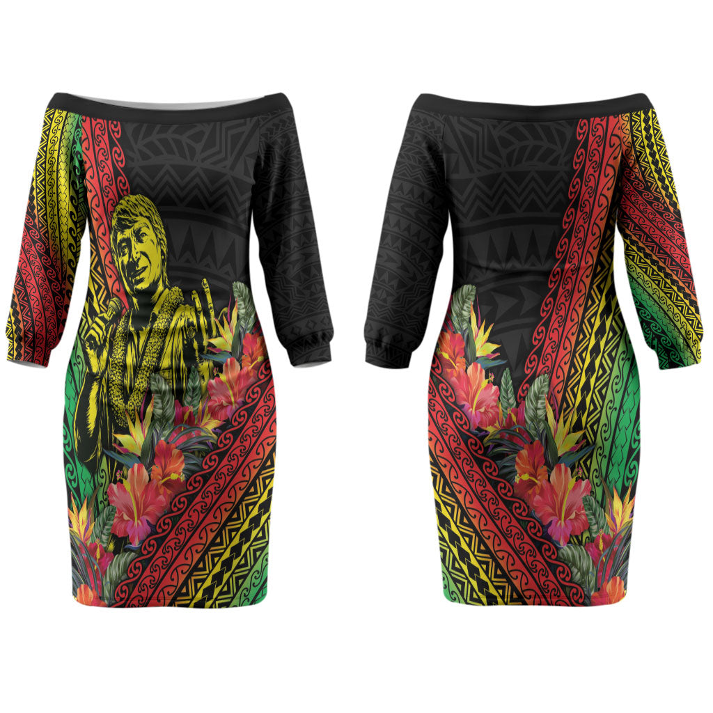 Retro Hawaiian Singer Couples Matching Off The Shoulder Long Sleeve Dress and Hawaiian Shirt Polynesian Style Tropical Flowers LT05 - Polynesian Pride