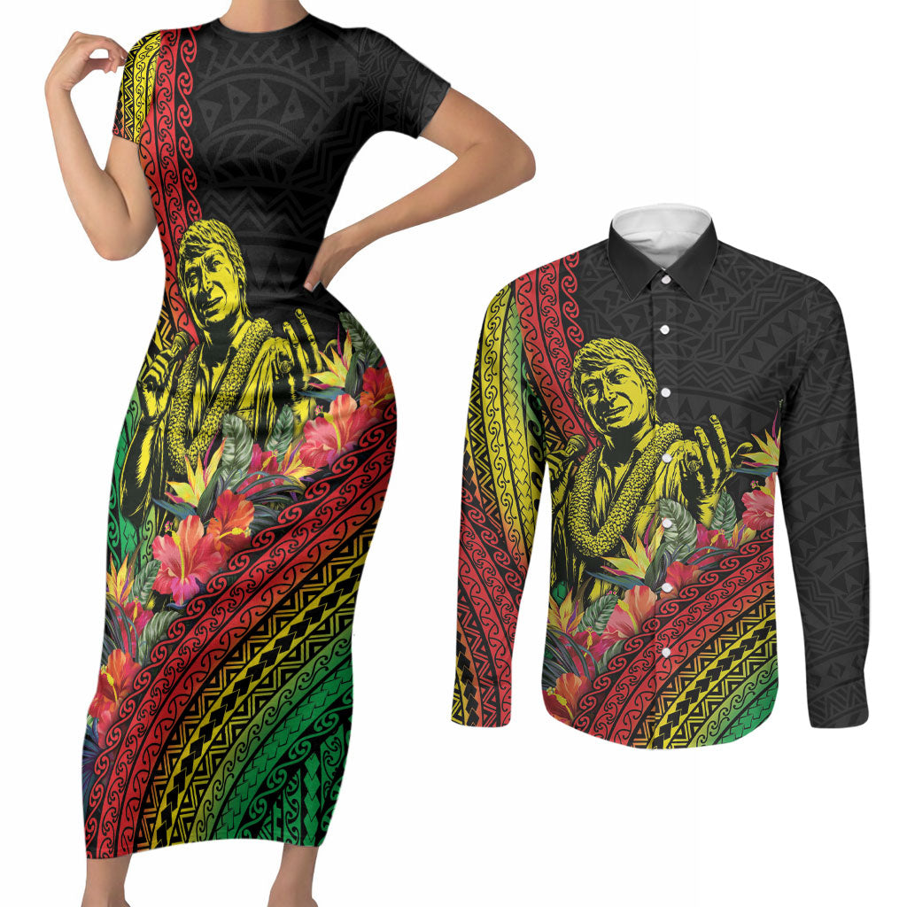 Retro Hawaiian Singer Couples Matching Short Sleeve Bodycon Dress and Long Sleeve Button Shirt Polynesian Style Tropical Flowers LT05 Black - Polynesian Pride