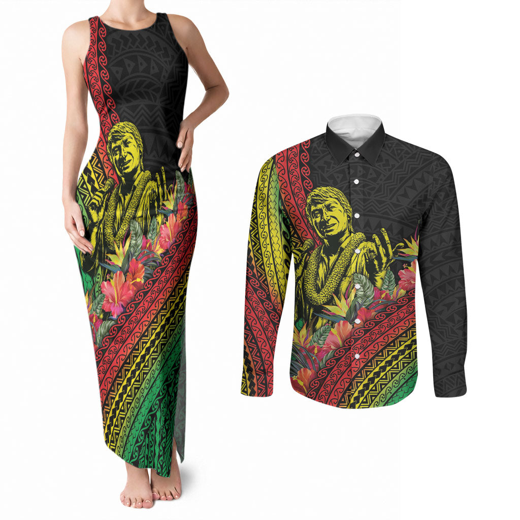 Retro Hawaiian Singer Couples Matching Tank Maxi Dress and Long Sleeve Button Shirt Polynesian Style Tropical Flowers LT05 Black - Polynesian Pride