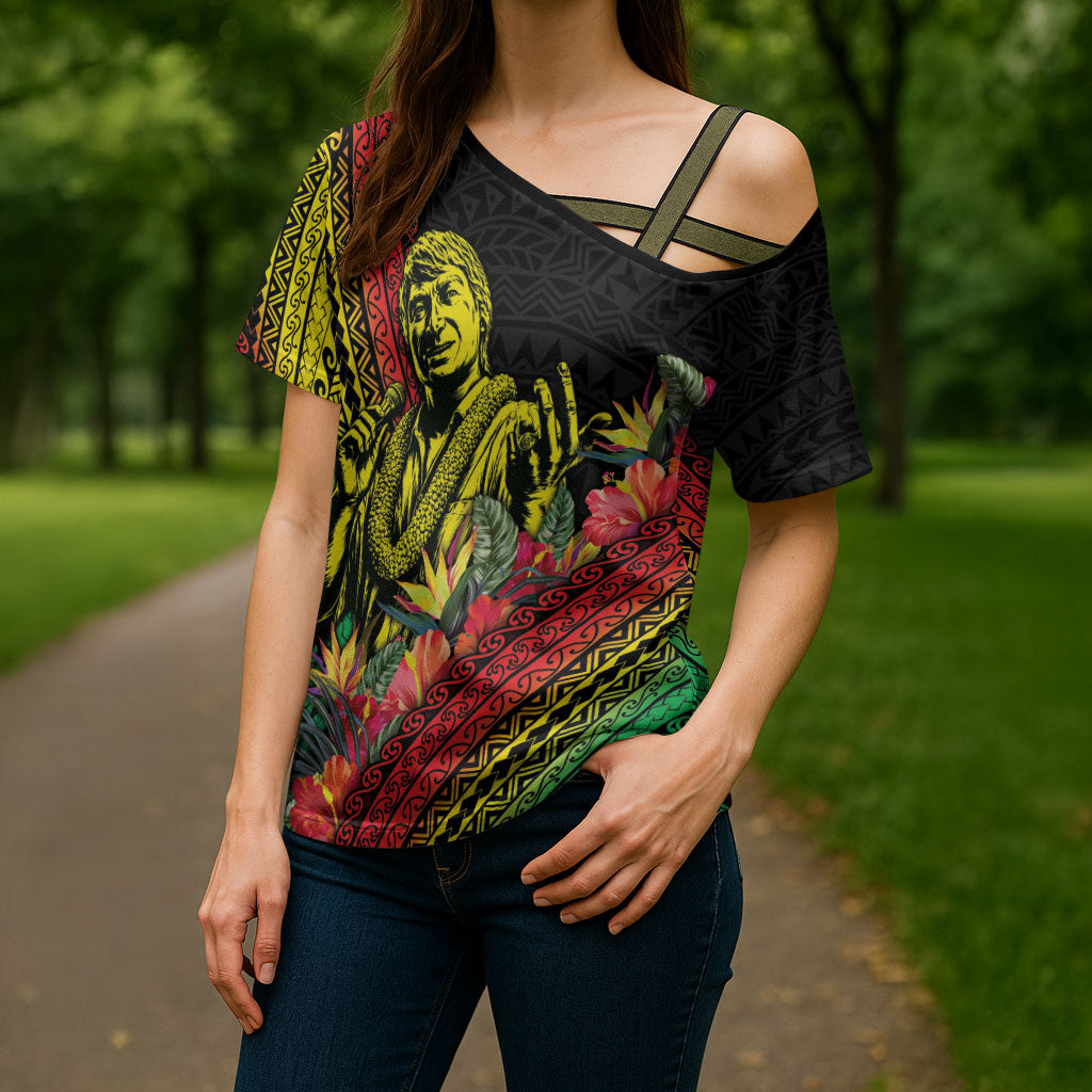 Retro Hawaiian Singer Cross Shoulder Shirt Polynesian Style Tropical Flowers LT05 - Polynesian Pride