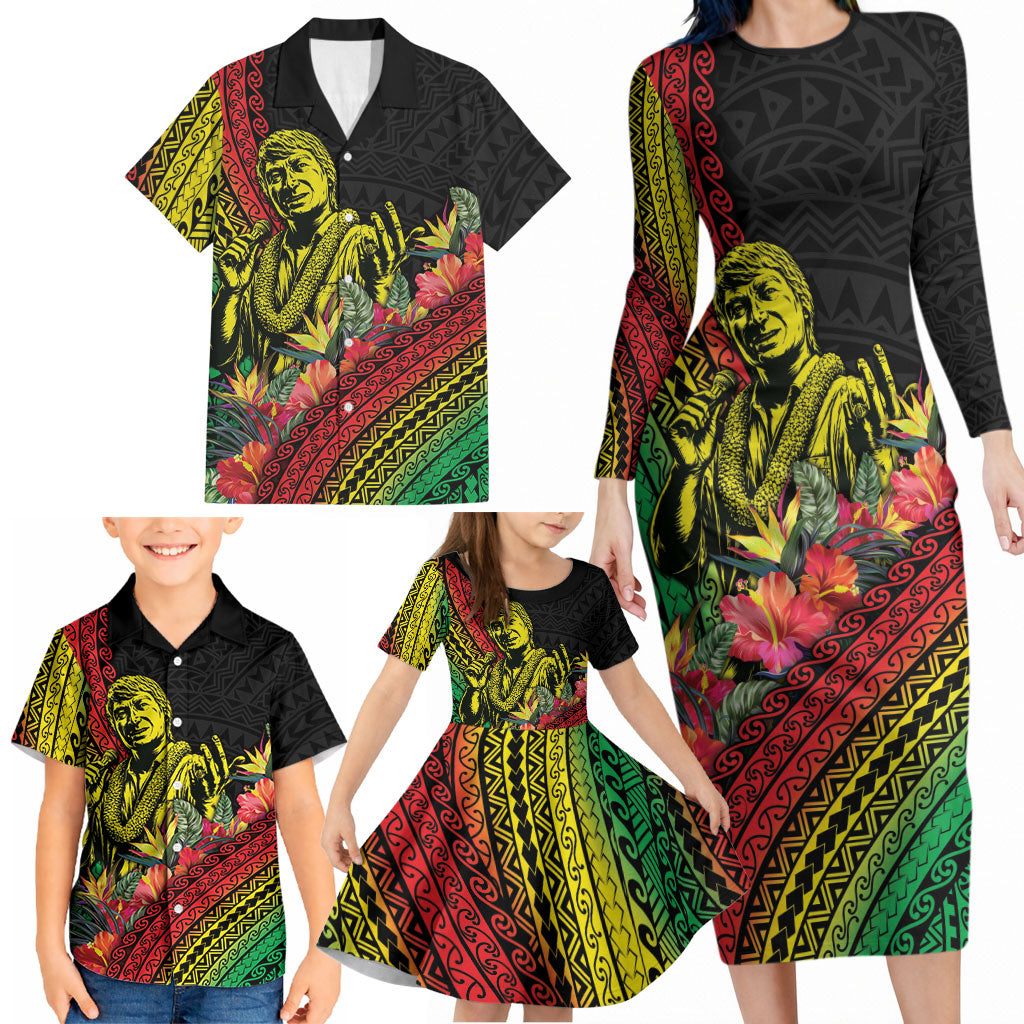 Retro Hawaiian Singer Family Matching Long Sleeve Bodycon Dress and Hawaiian Shirt Polynesian Style Tropical Flowers LT05 - Polynesian Pride