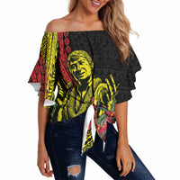Retro Hawaiian Singer Off Shoulder Wrap Waist Top Polynesian Style Tropical Flowers LT05 Black - Polynesian Pride