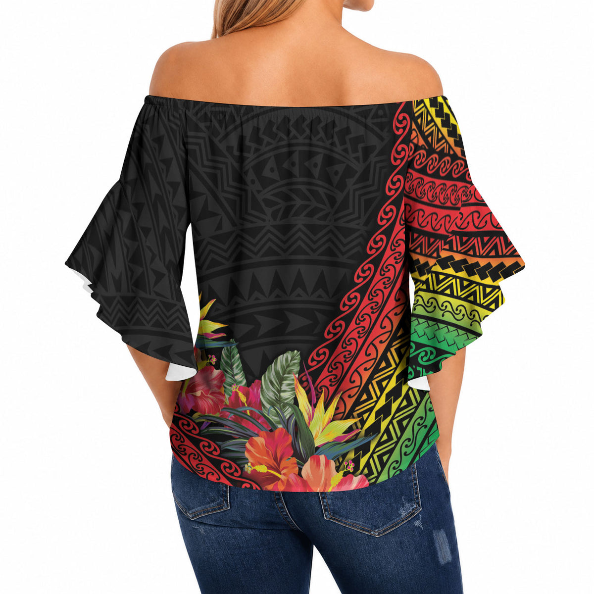 Retro Hawaiian Singer Off Shoulder Wrap Waist Top Polynesian Style Tropical Flowers LT05 - Polynesian Pride