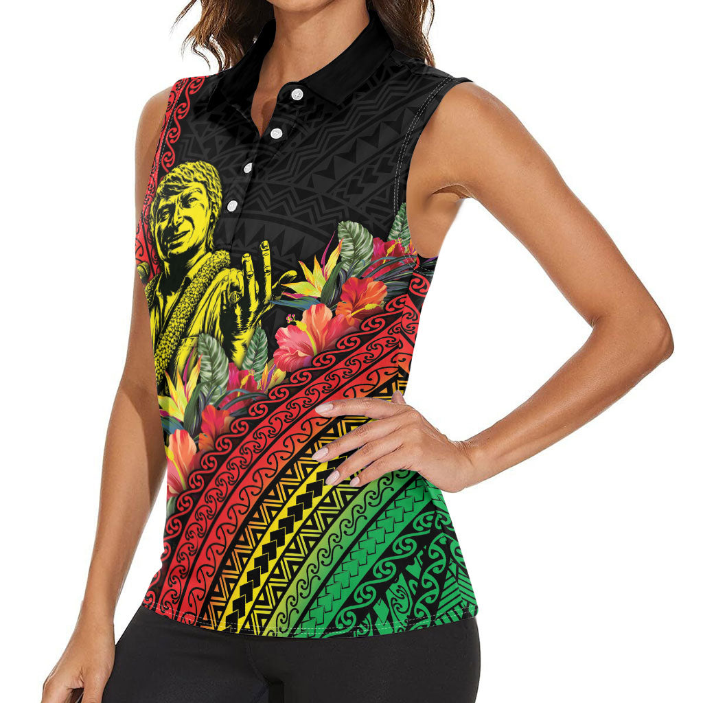 Retro Hawaiian Singer Women Sleeveless Polo Shirt Polynesian Style Tropical Flowers LT05 - Polynesian Pride